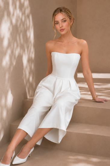 femme dans un ensemble de mariée pantalon original pour un mariage civil