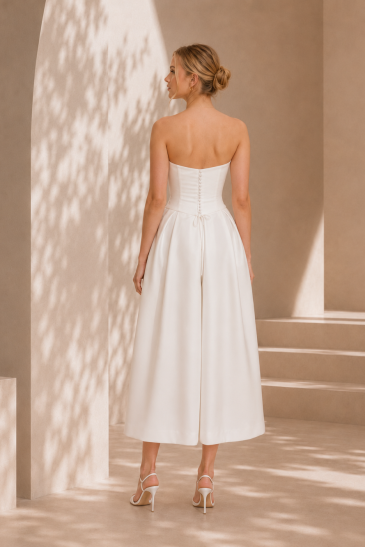 femme dans un ensemble de mariée pantalon original pour un mariage civil