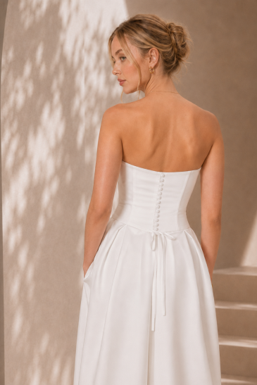 femme dans un ensemble de mariée pantalon original pour un mariage civil