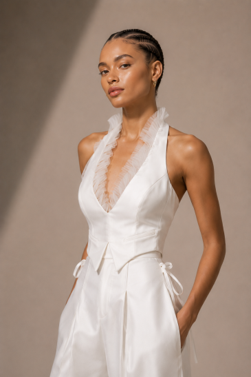 femme avec une tenue de mariage civil pantalon moderne