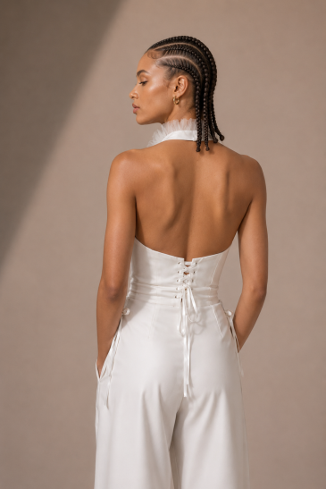 femme avec une tenue de mariage civil pantalon moderne