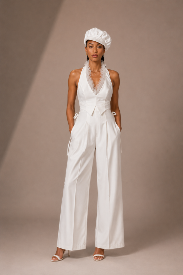 femme avec une tenue de mariage civil pantalon moderne