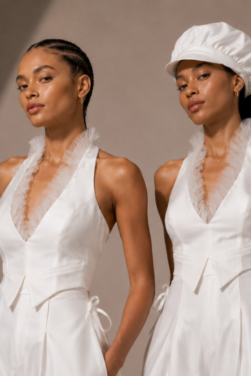 femme avec une tenue de mariage civil pantalon moderne