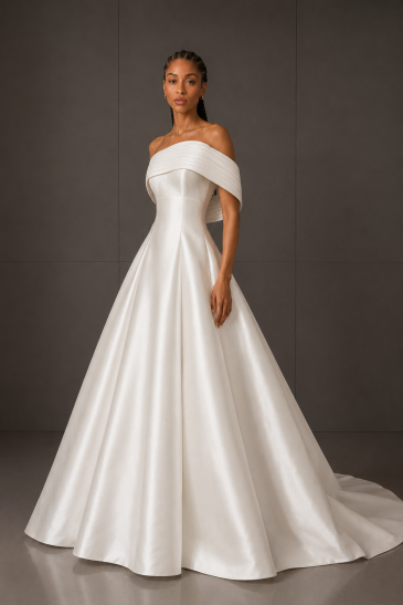 femme dans une robe de mariée princesse élégante en mikado avec un col assorti