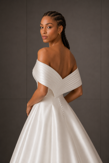 femme dans une robe de mariée princesse élégante en mikado avec un col assorti
