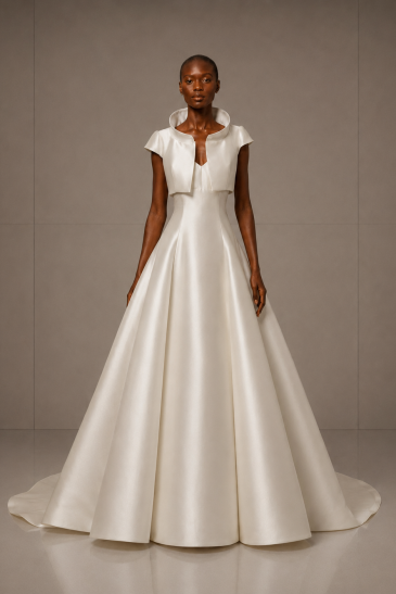 femme dans une robe de mariée princesse élégante en mikado avec un boléro assorti