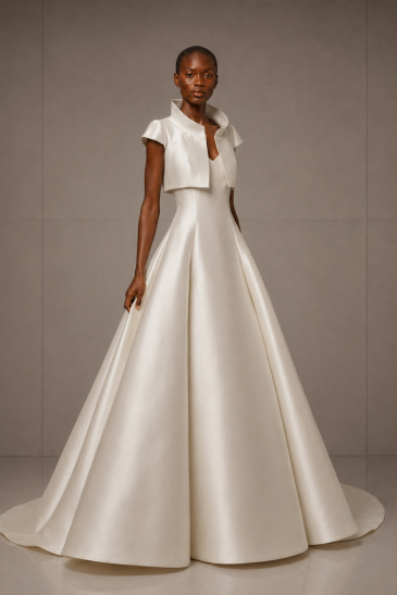 femme dans une robe de mariée princesse élégante en mikado avec un boléro assorti