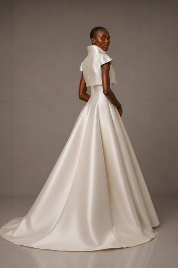 femme dans une robe de mariée princesse élégante en mikado avec un boléro assorti