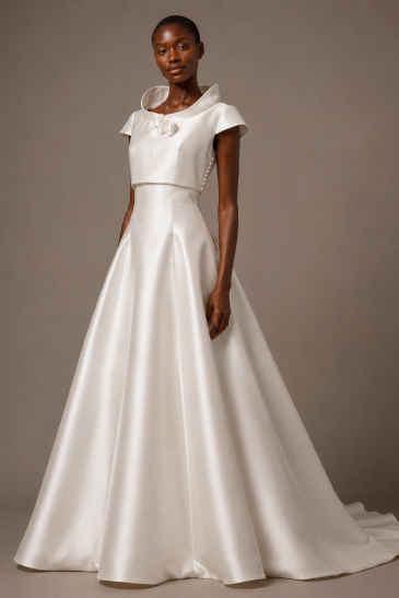 femme dans une robe de mariée princesse élégante en mikado avec un boléro assorti