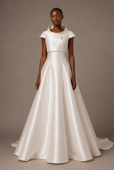femme dans une robe de mariée princesse élégante en mikado avec un boléro assorti