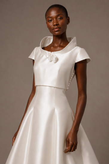 femme dans une robe de mariée princesse élégante en mikado avec un boléro assorti