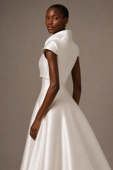 femme dans une robe de mariée princesse élégante en mikado avec un boléro assorti