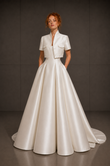 femme dans une robe de mariée princesse élégante en mikado avec un boléro assorti