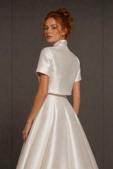femme dans une robe de mariée princesse élégante en mikado avec un boléro assorti