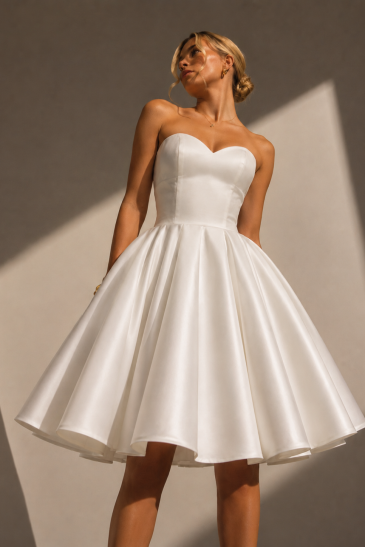 femme dans une robe de mariée courte