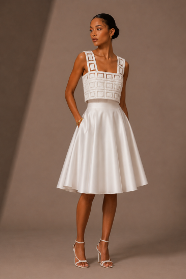 femme dans une robe de mariée courte avec un top moderne