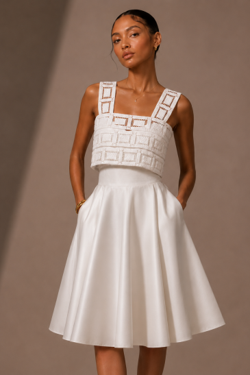 femme dans une robe de mariée courte avec un top moderne
