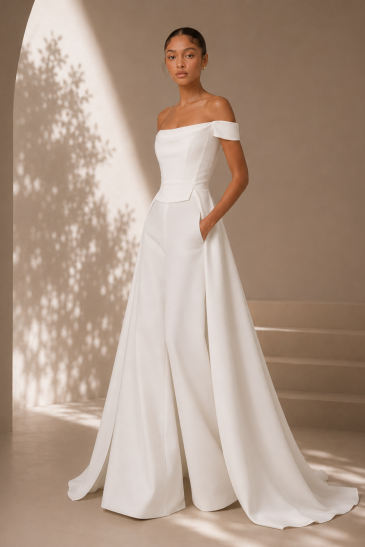 femme avec une tenue de mariage civil pantalon moderne