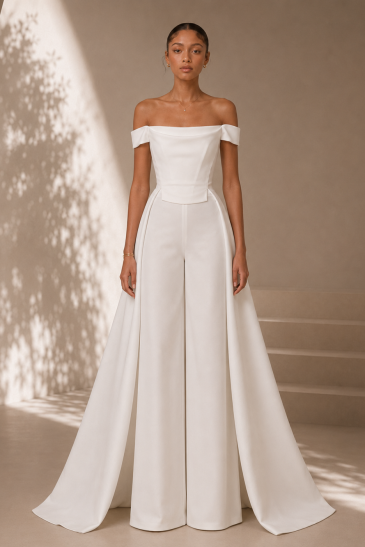 femme avec une tenue de mariage civil pantalon moderne