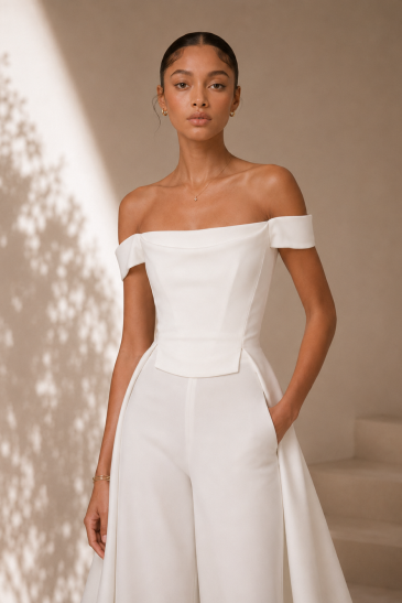 femme avec une tenue de mariage civil pantalon moderne