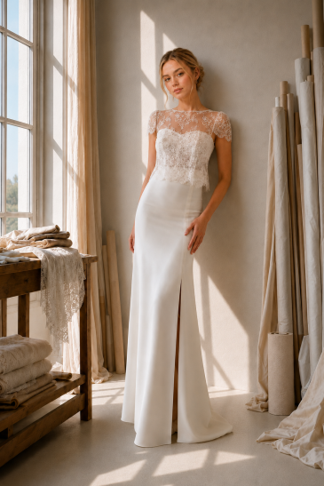 femme dans un ensemble de mariée original et romantique
