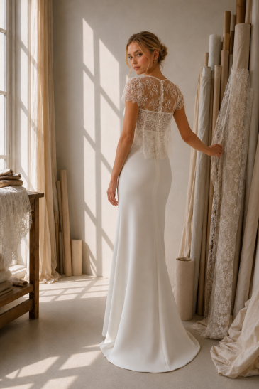 femme dans un ensemble de mariée original et romantique