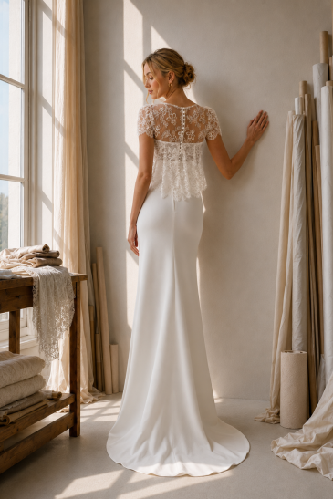 femme dans un ensemble de mariée original et romantique