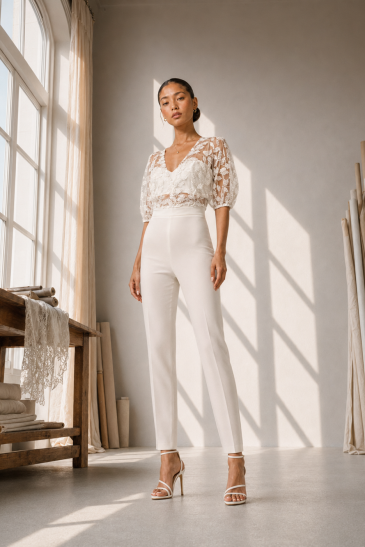 femme dans un ensemble de mariée pantalon original pour un mariage civil