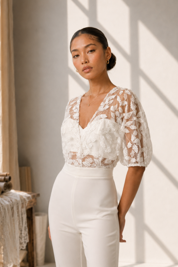 femme dans un ensemble de mariée pantalon original pour un mariage civil