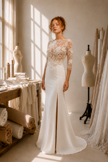 femme dans un ensemble de mariée original et romantique