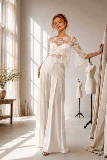 femme dans un ensemble de mariée pantalon original pour un mariage civil
