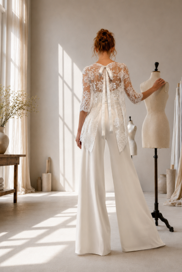 femme dans un ensemble de mariée pantalon original pour un mariage civil
