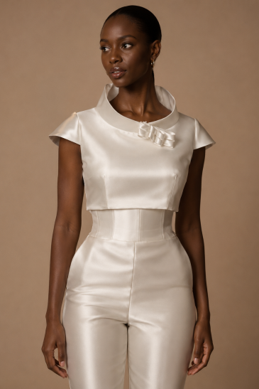femme avec une tenue de mariage civil moderne et un chapeau