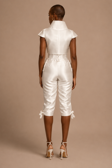 femme avec une tenue de mariage civil moderne et un chapeau