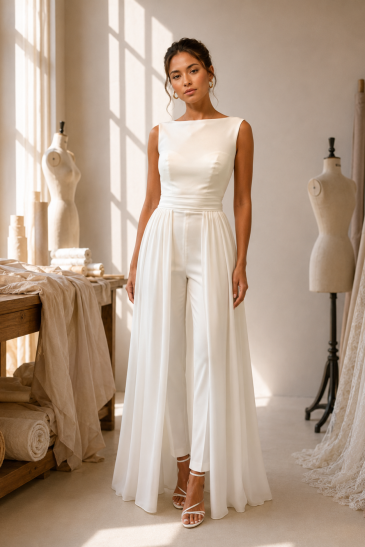 femme dans un atelier avec un ensemble de mariée pantalon original