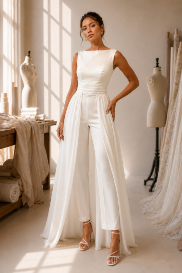 femme dans un atelier avec un ensemble de mariée pantalon original