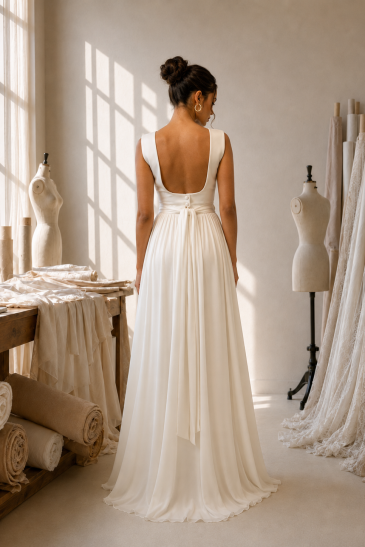 femme dans un atelier avec un ensemble de mariée pantalon original